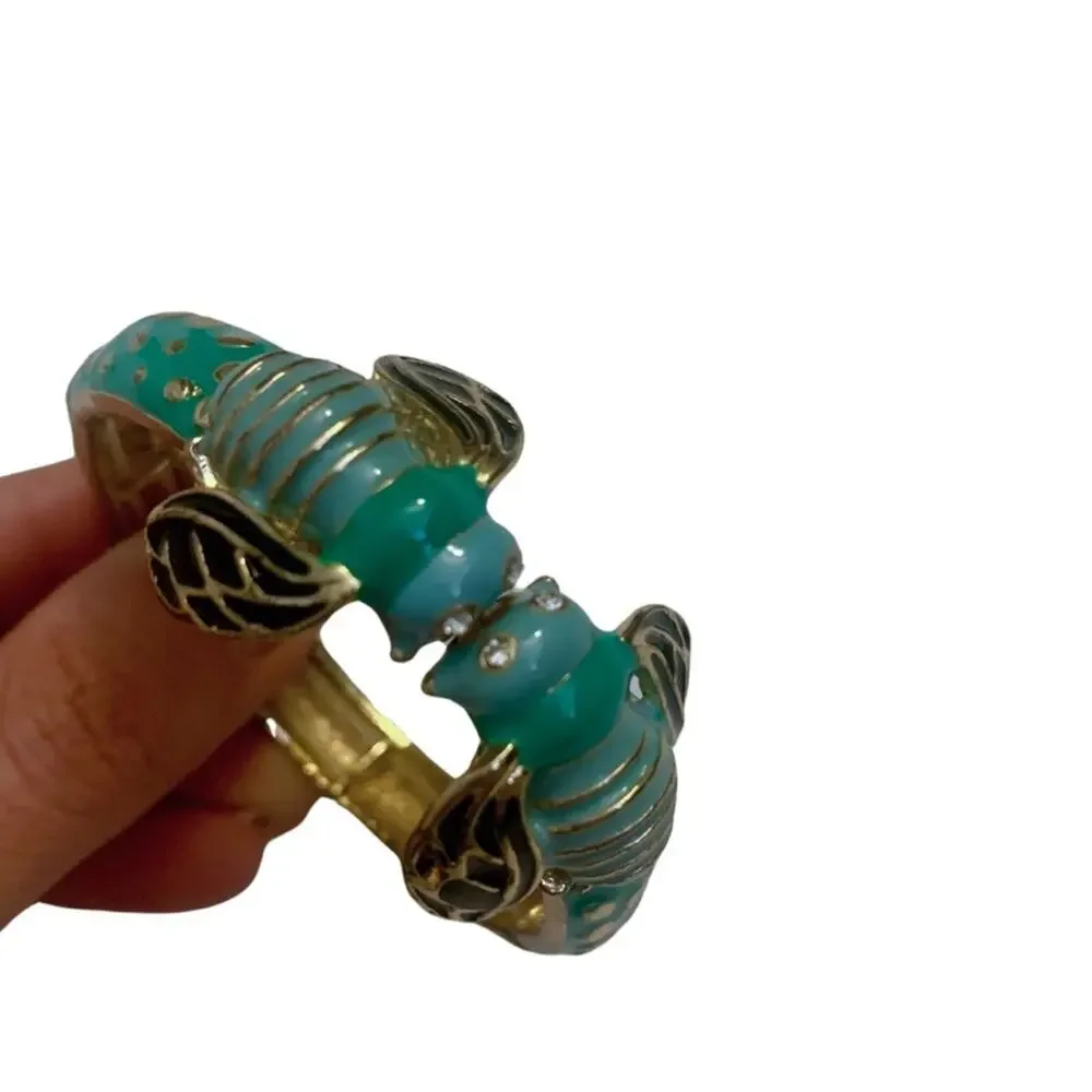 2/$30 Colorful Enamel Blue Green Gold Bug Bangle Bracelet Adjustable Eclectic